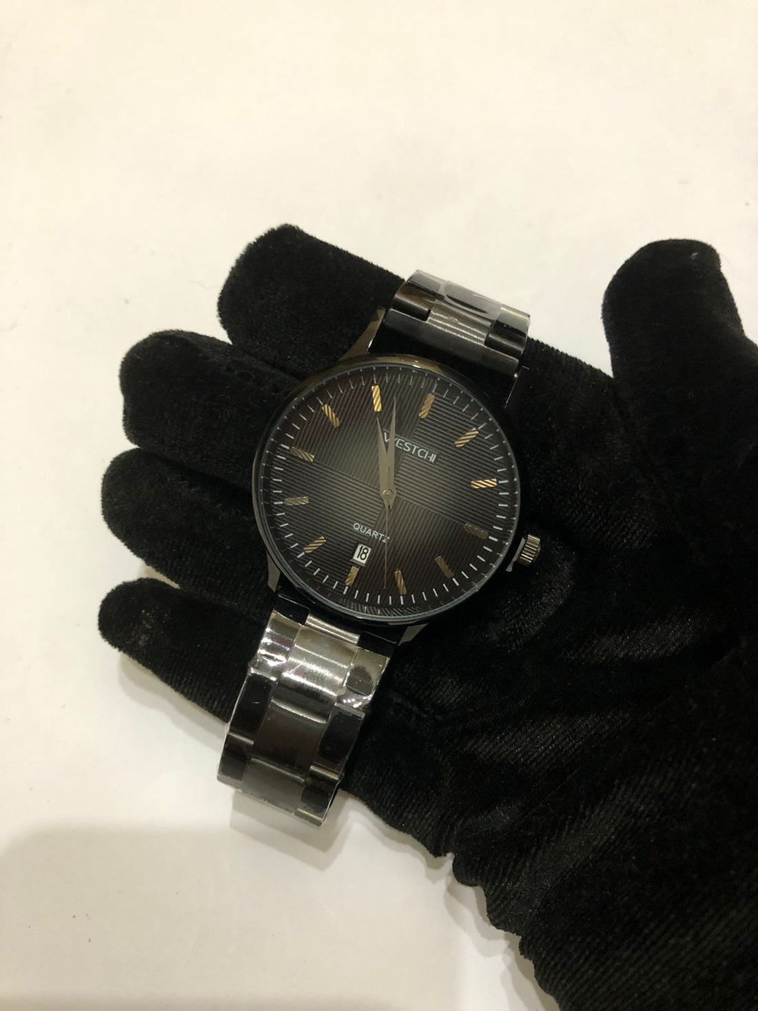 "VESTICH Men’s Quartz Wrist Watch Stainless Steel Band Black Dial with Date Display"