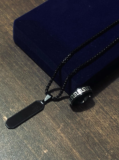 Bar pendant with black stone locket chain for boys men with a stylish ring (SET OF 2)